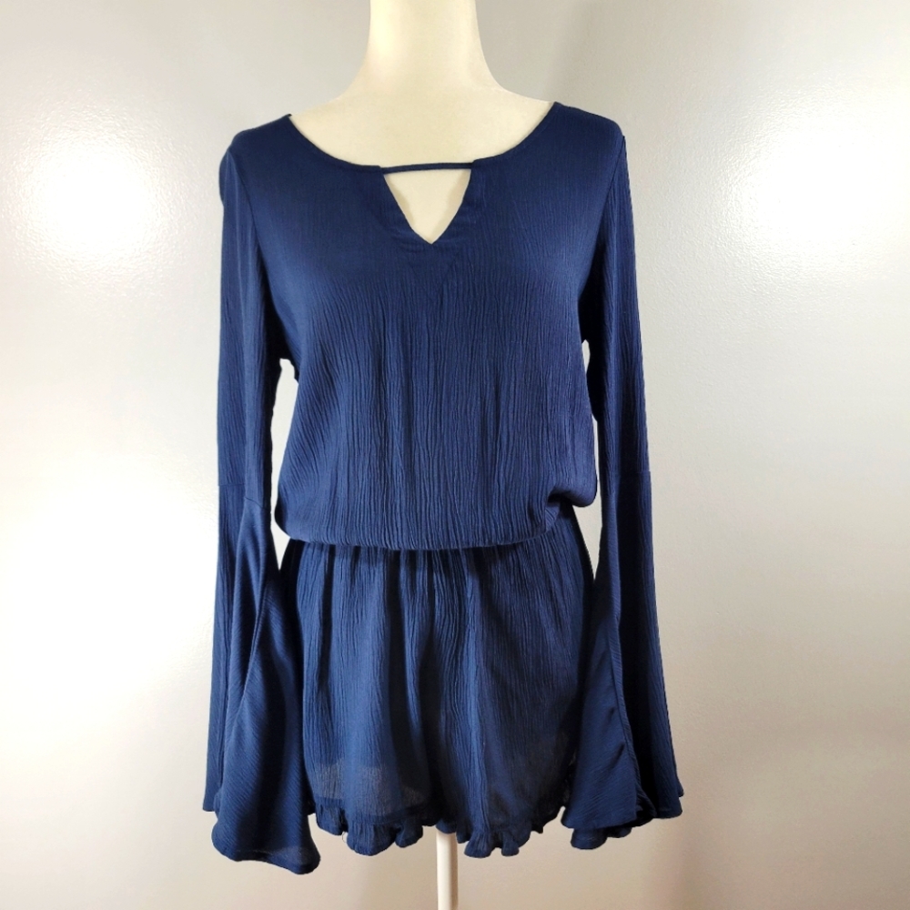 OTHERS FOLLOW navy long bell sleeve open back gauzy keyhole shorts romper